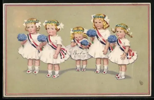 Künstler-AK Lia Döring: Mädchen in weissen Kleidern mit Schärpen