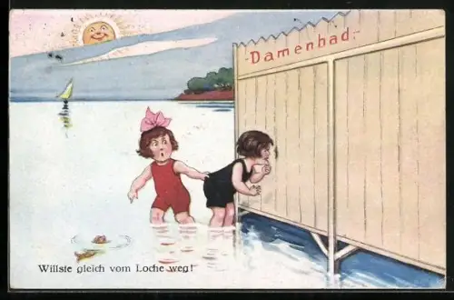 Künstler-AK Willi Scheuermann unsign.: Cuxhaven, Kinder schauen durchs Loch im Familienbad