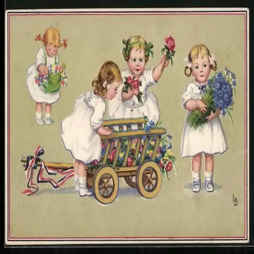 Künstler-AK Lia Döring: Drei Mädchen mit einem Karren voller Blumen, Reichsfahne