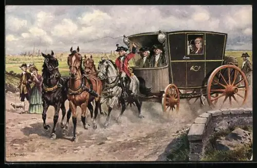 AK Eilpost in einer Postkutsche auf der Fahrt von Wien nach Brünn im Jahre 1750