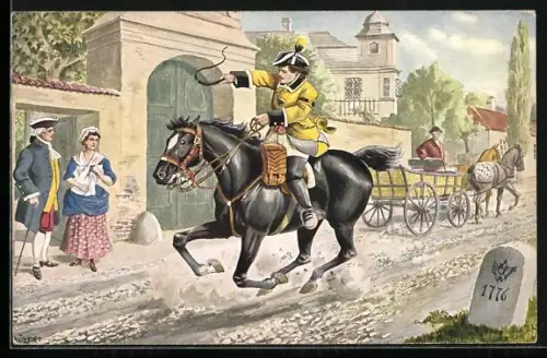 Künstler-AK Kaiserliche Reitpost, Mann zu Pferd muss schnell einen Brief zu stellen
