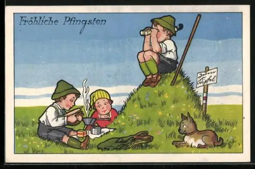 AK Jungen und Mädchen als Wanderer bei einer Rast an einem kleinen Berg