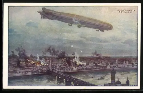 Künstler-AK Hans Rudolf Schulze: Zeppelin Schütter-Lanz bombardiert Warschau