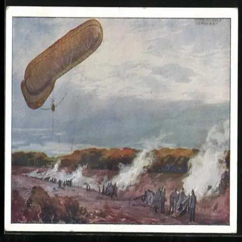 Künstler-AK Hans Rudolf Schulze: Soldaten im Gefecht beobachtet durch Fesselballon