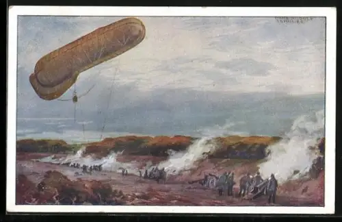 Künstler-AK Hans Rudolf Schulze: Soldaten im Gefecht beobachtet durch Fesselballon
