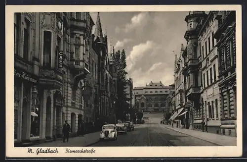 AK Mönchengladbach, Bismarckstrasse am Cafe Heinemann