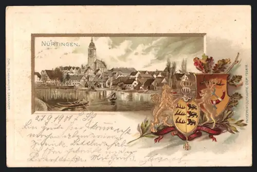 Passepartout-Lithographie Nürtingen, Ortsansicht, Wappen