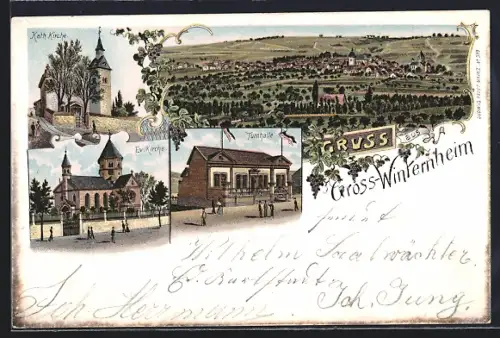 Lithographie Grosswinternheim, Turnhalle, Evangelische und katholische Kirche, Ortsansicht