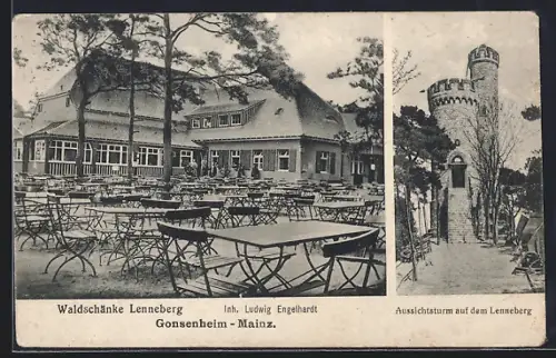 AK Mainz, Gasthof Lenneberg von Ludwig Engelhardt, Aussichtsturm