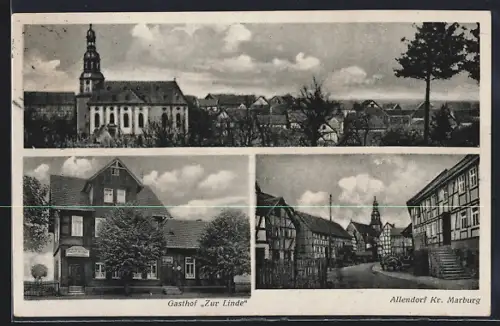 AK Allendorf / Marburg, Gesamtansicht mit Kirche, Gasthof zur Linde, Strassenansicht mit Fachwerkhäusern
