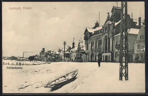 AK Dresden-Laubegast, Eisübergang am Elbufer