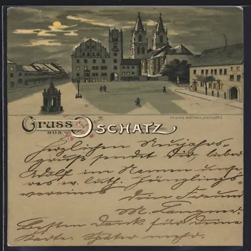 Mondschein-Lithographie Oschatz, Platz mit Blick auf die Kirche