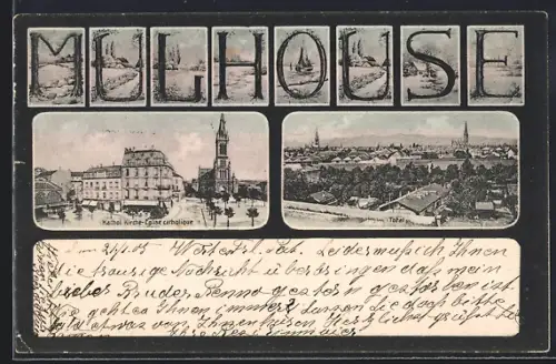 AK Mulhouse, Église catholique et vue panoramique de la ville