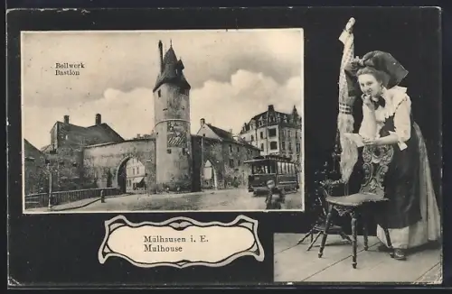 AK Mulhouse, Vue du Bastion et tramway avec femme en costume traditionnel
