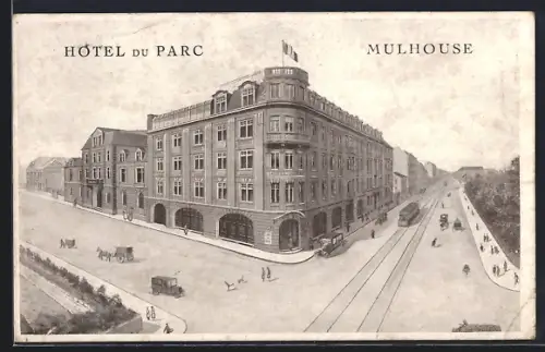 AK Mulhouse, Hôtel du Parc avec tramway et voitures sur l`avenue