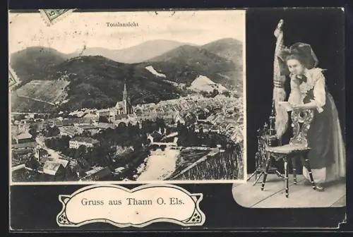 AK Thann, Vue générale de la ville avec une femme en costume traditionnel