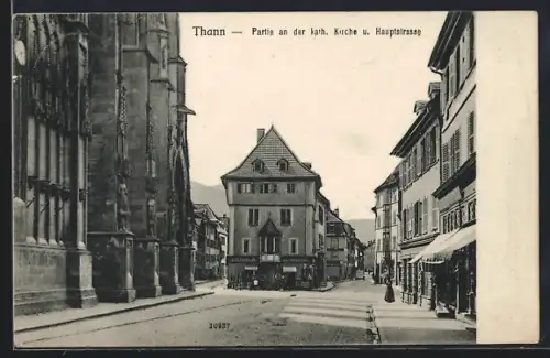 AK Thann, Partie an der kath. Kirche und Hauptstrasse