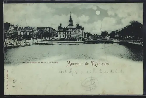 Mondschein-AK Mulhouse, Ancien bassin et Hôtel des Postes
