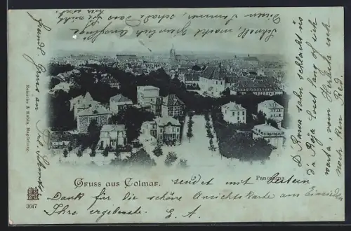 Mondschein-AK Colmar, Panorama de la ville avec bâtiments et jardins