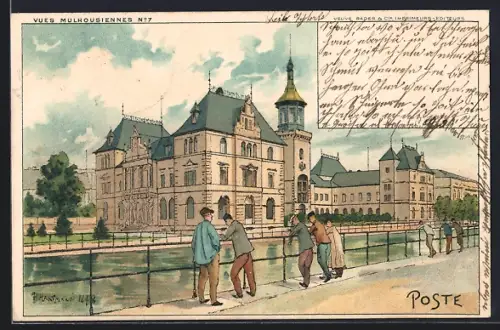 Künstler-AK Mulhouse, Vue du bâtiment de la Poste et promenade avec passants