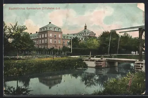 AK Zillisheim, Bischöfliches Gymnasium mit Brücke und Flussufer