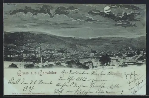 Mondschein-AK Guebwiller, Vue nocturne de la ville sous la lune avec collines en arrière-plan