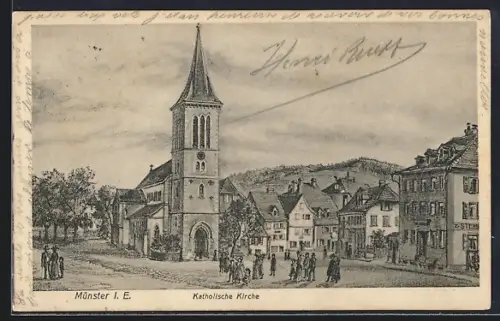 AK Münster I. E., Église catholique et place du village animée