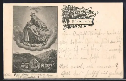 AK Thierenbach, Vue de la basilique et représentation religieuse sur nuage