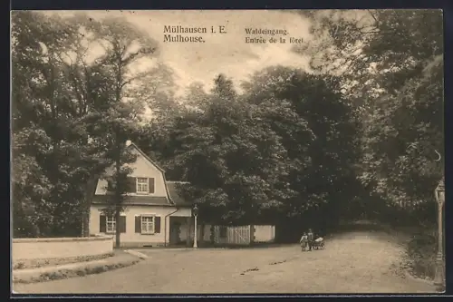 AK Mulhouse, Entrée de la forêt avec maison et enfants sur le chemin