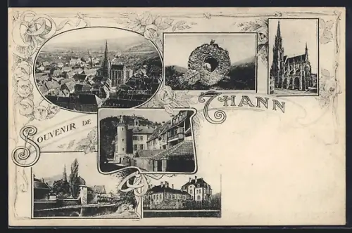 AK Thann, Souvenir de Thann avec vue de la ville et monuments historiques