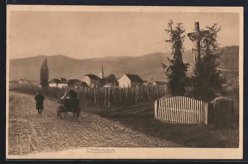 AK Wettolsheim, Vue du village avec chemin rural et croix en bois