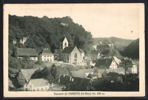 AK Ferrette /Ht. Rhin, Souvenir de Ferrette avec église et maisons entourées de forêt
