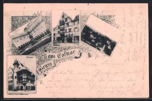 AK Colmar, Collage de vues de bâtiments historiques avec message manuscrit