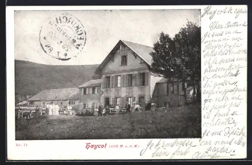 AK Markirch, Haycot, Vue du bâtiment principal avec visiteurs devant la maison et paysage de montagne