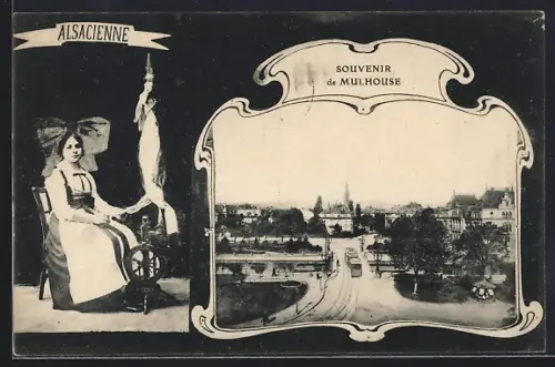 AK Mulhouse, Souvenir de Mulhouse avec Alsacienne et vue panoramique de la ville