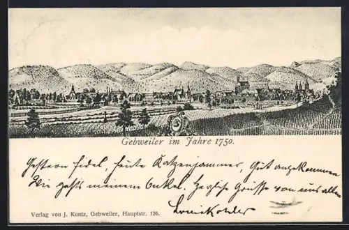 AK Guebwiller, Vue de la ville en 1750 avec paysages environnants