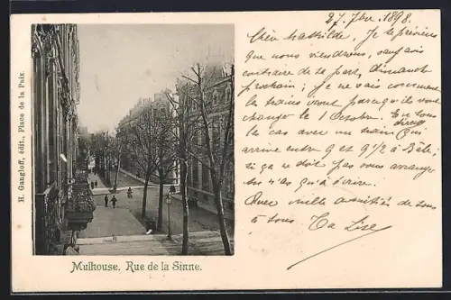 AK Mulhouse, Rue de la Sinne avec perspective sur les arbres et bâtiments adjacents