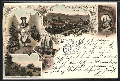 Lithographie Gebweiler, Grüss aus Gebweiler mit Ansichten der Stadt und einer Elsässerin