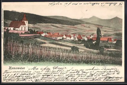AK Hunaweier, Vue sur l`église et les vignobles avec le village en arrière-plan