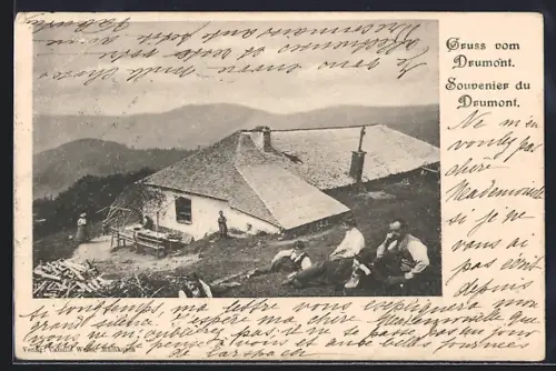 AK Drumont, Souvenir avec vue sur une maison de montagne et paysage environnant