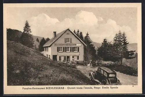 AK Wasserburg, Pension-Restaurant Boenlesgrab avec voiture ancienne devant les montagnes