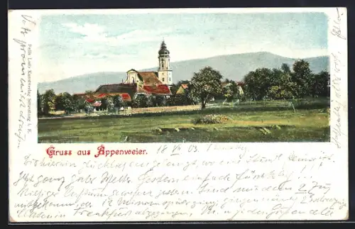 AK Appenweier, Vue du village avec l`église et le paysage environnant