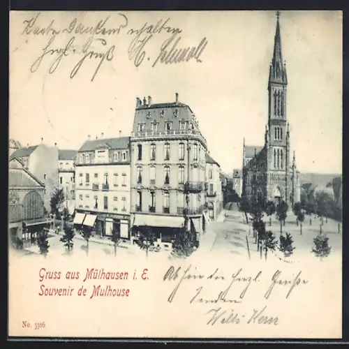 AK Mulhouse, Place avec église et bâtiments historiques