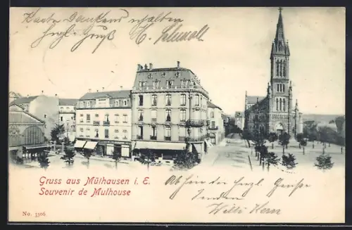AK Mulhouse, Place avec église et bâtiments historiques