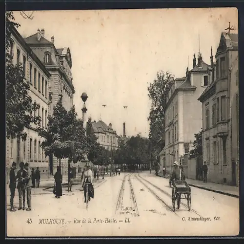AK Mulhouse, Rue de la Porte-Haute avec passants et calèche