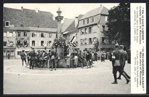 AK Masevaux /Alsace, Célébration de la libération sur la place publique avec fontaine et foule en 1918