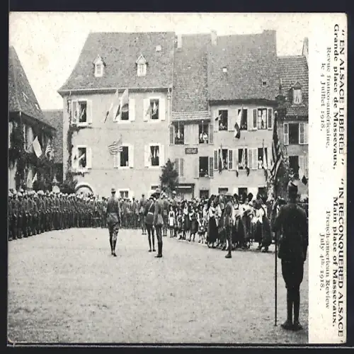 AK Massevaux, Célébration de la libération avec défilé militaire et habitants en costumes traditionnels