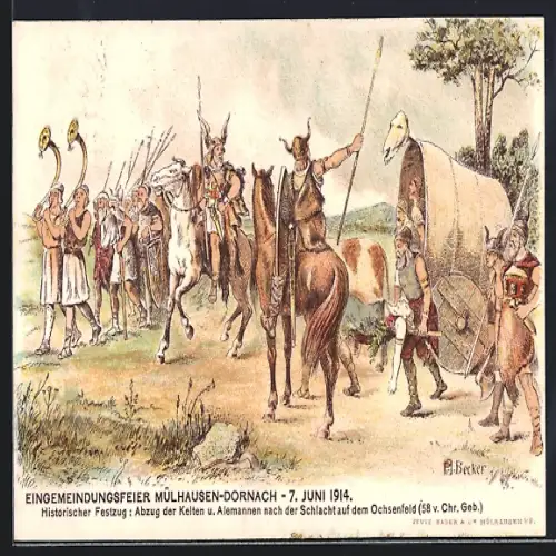 Künstler-AK Mülhausen-Dornach, Eingemeindungsfeier 1914, Historischer Festzug