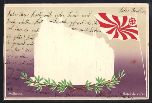 AK Mulhouse, Hôtel de ville avec drapeau rouge et blanc