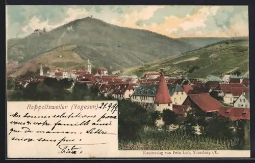 AK Rappoltsweiler, Vue sur le village avec collines des Vosges en arrière-plan